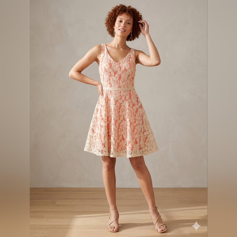 Danny & Nicole Lace Fit-and-Flare Dress in Blush Peach